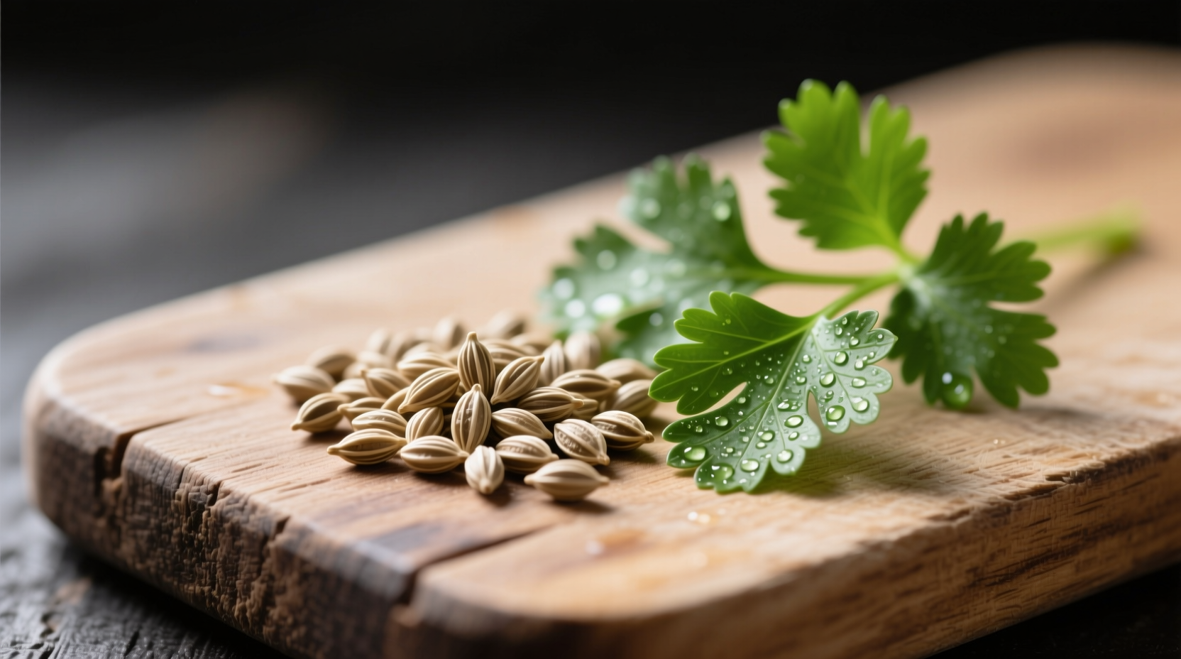 Close-up comparison: beige coriander seeds beside vibrant green cilantro leaves on wooden cutting board