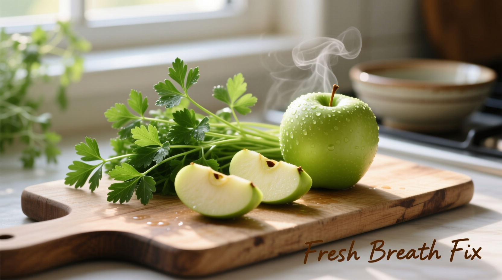 Fresh parsley and apple slices for neutralizing garlic breath