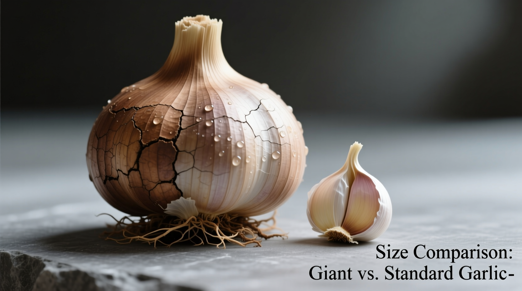 Giant garlic bulb next to standard garlic for size comparison