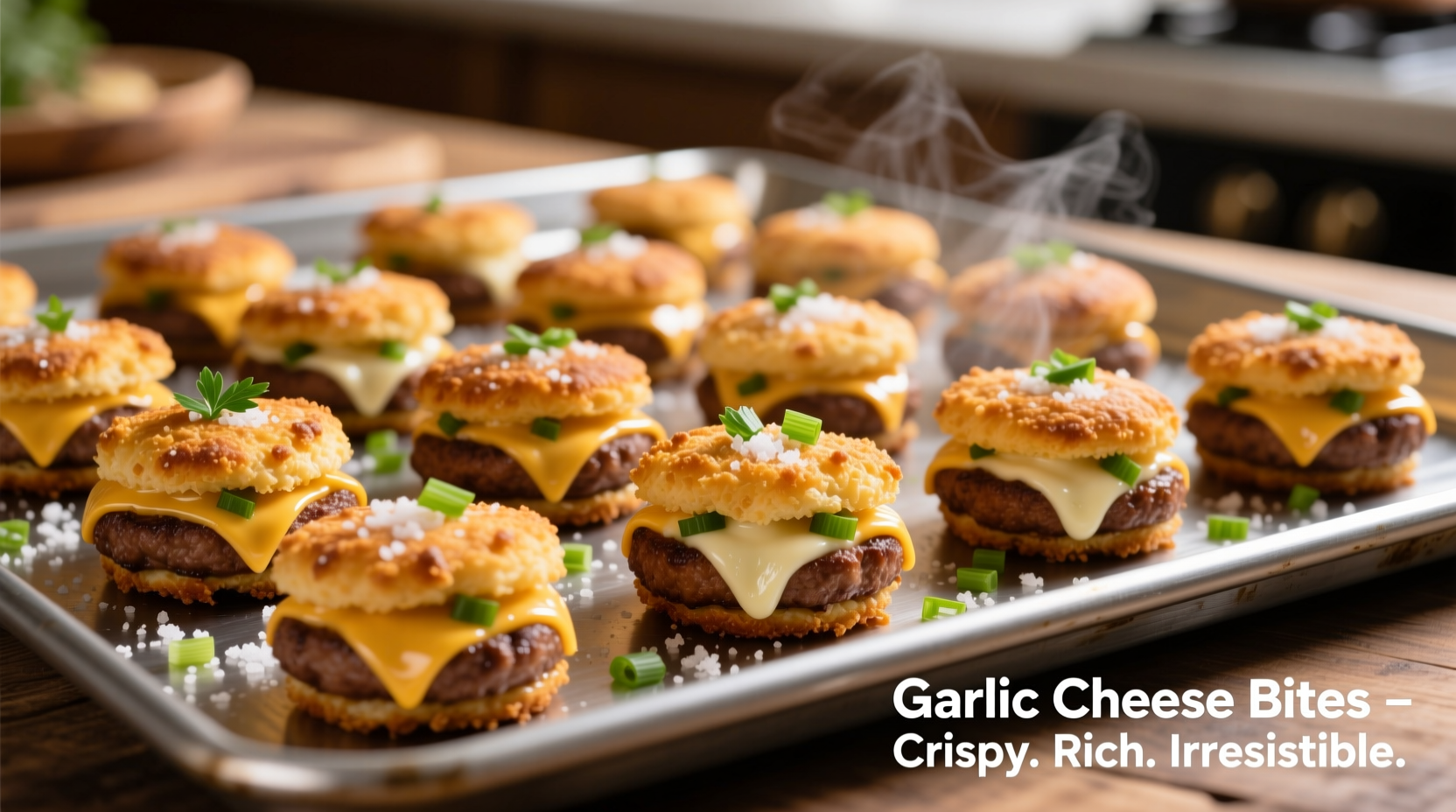 Golden brown garlic cheeseburger bites on baking sheet