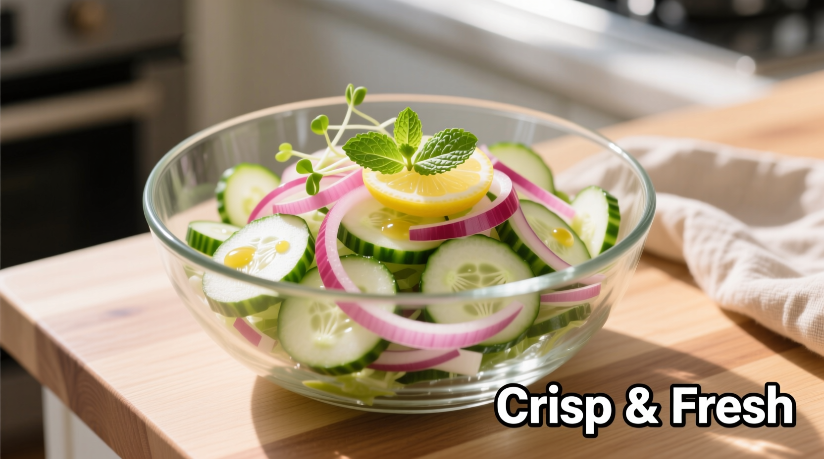 Crisp cucumber and onion salad in glass bowl
