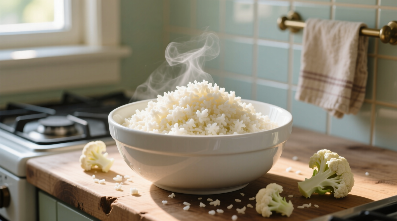 Fresh riced cauliflower in mixing bowl