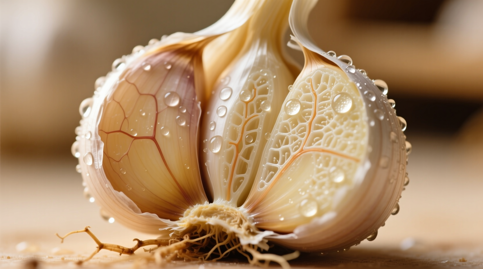 Close-up of fresh garlic cloves with visible cellular structure