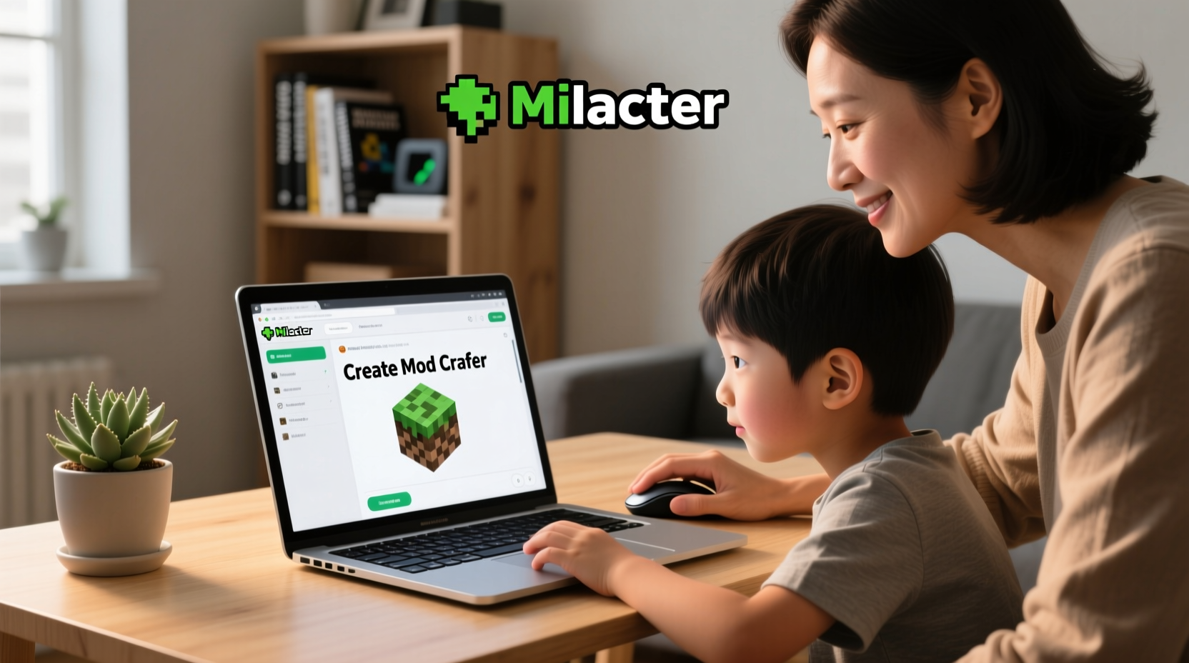 Child and parent working on Minecraft mod with MCreator on laptop