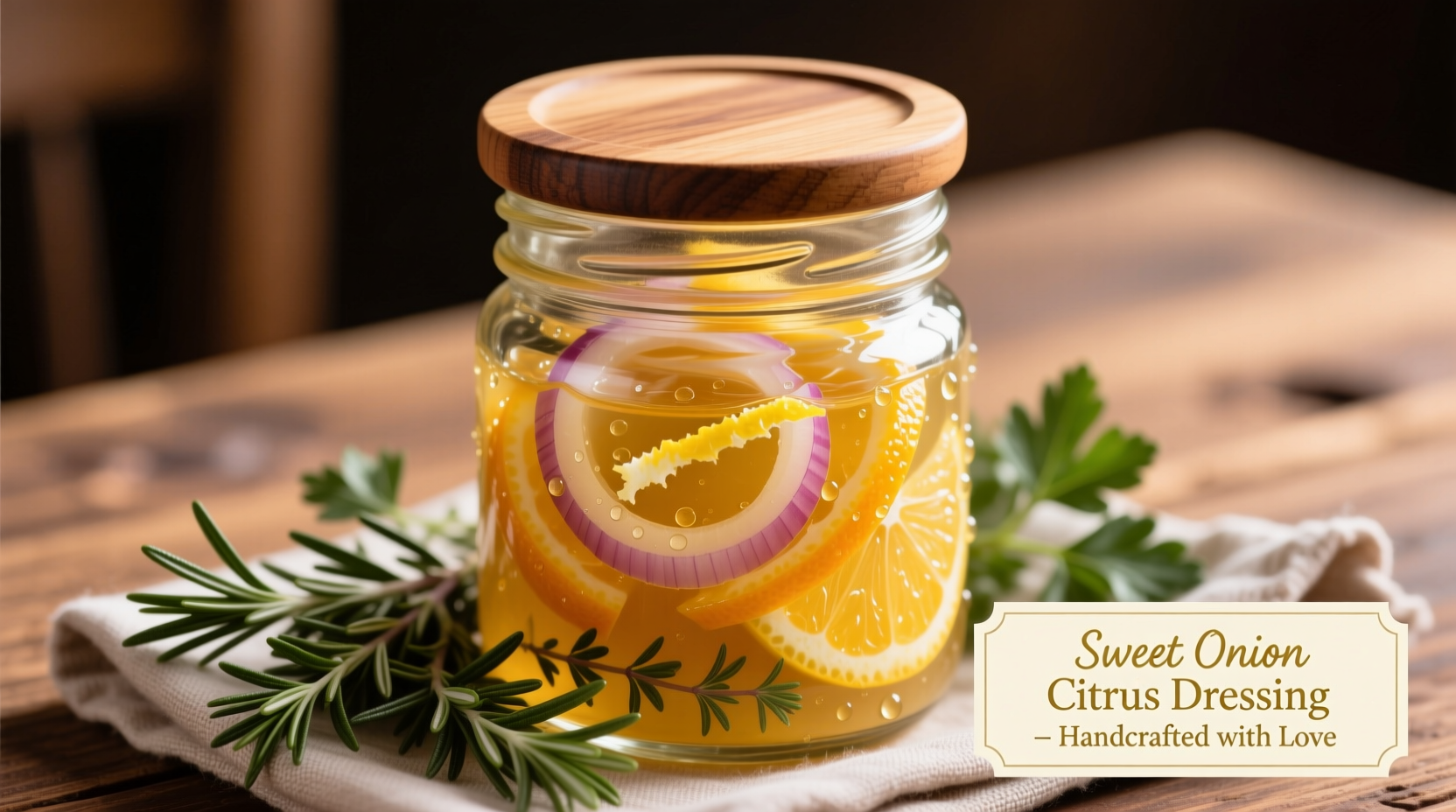 Fresh sweet onion citrus dressing in glass jar with herbs