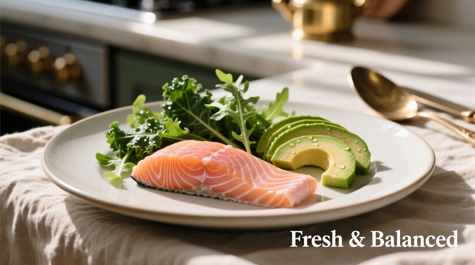 Plate with salmon, avocado, and leafy greens