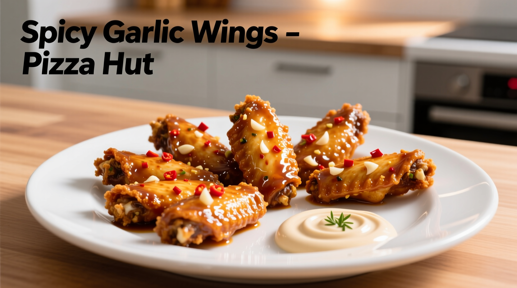 Pizza Hut Spicy Garlic Wings on a white plate with dipping sauce
