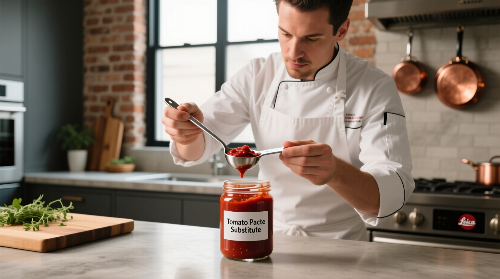 Chef measuring tomato paste substitute in kitchen