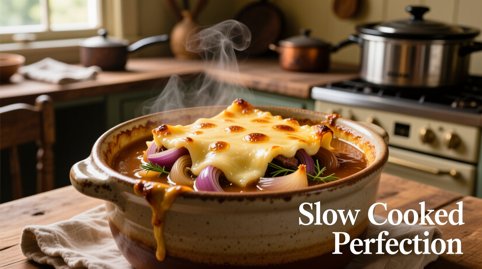 Slow cooker French onion soup with melted cheese topping