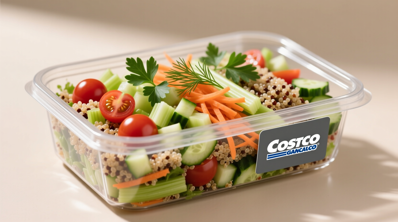 Costco grain and celery salad in transparent container