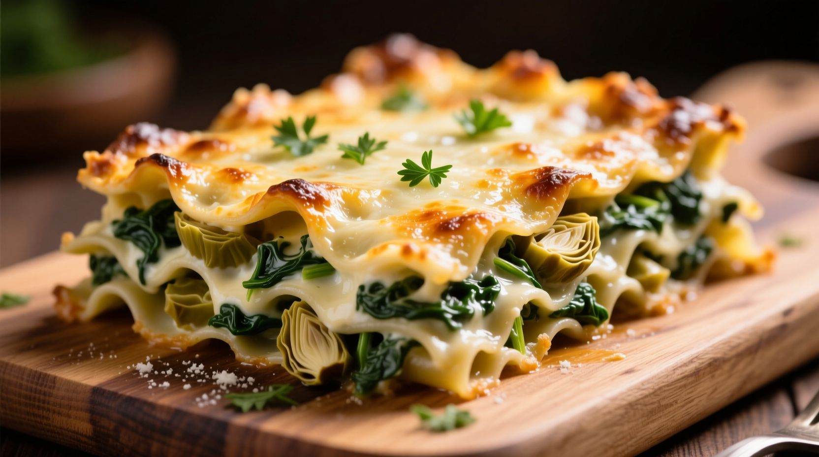 Creamy spinach artichoke lasagna with golden crust