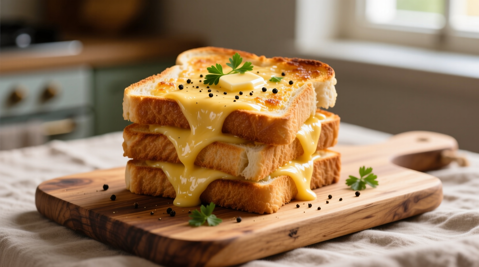 Golden cheese garlic toast on wooden board