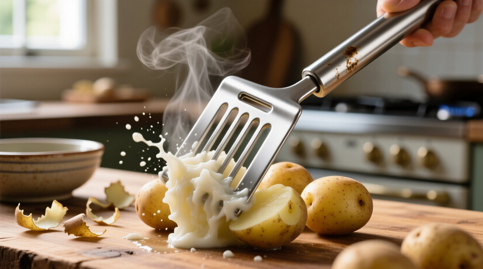 Stainless steel potato masher in use with boiled potatoes