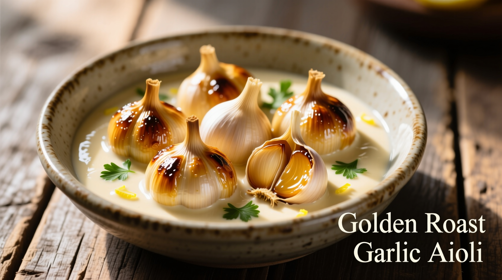 Golden roasted garlic cloves in aioli sauce