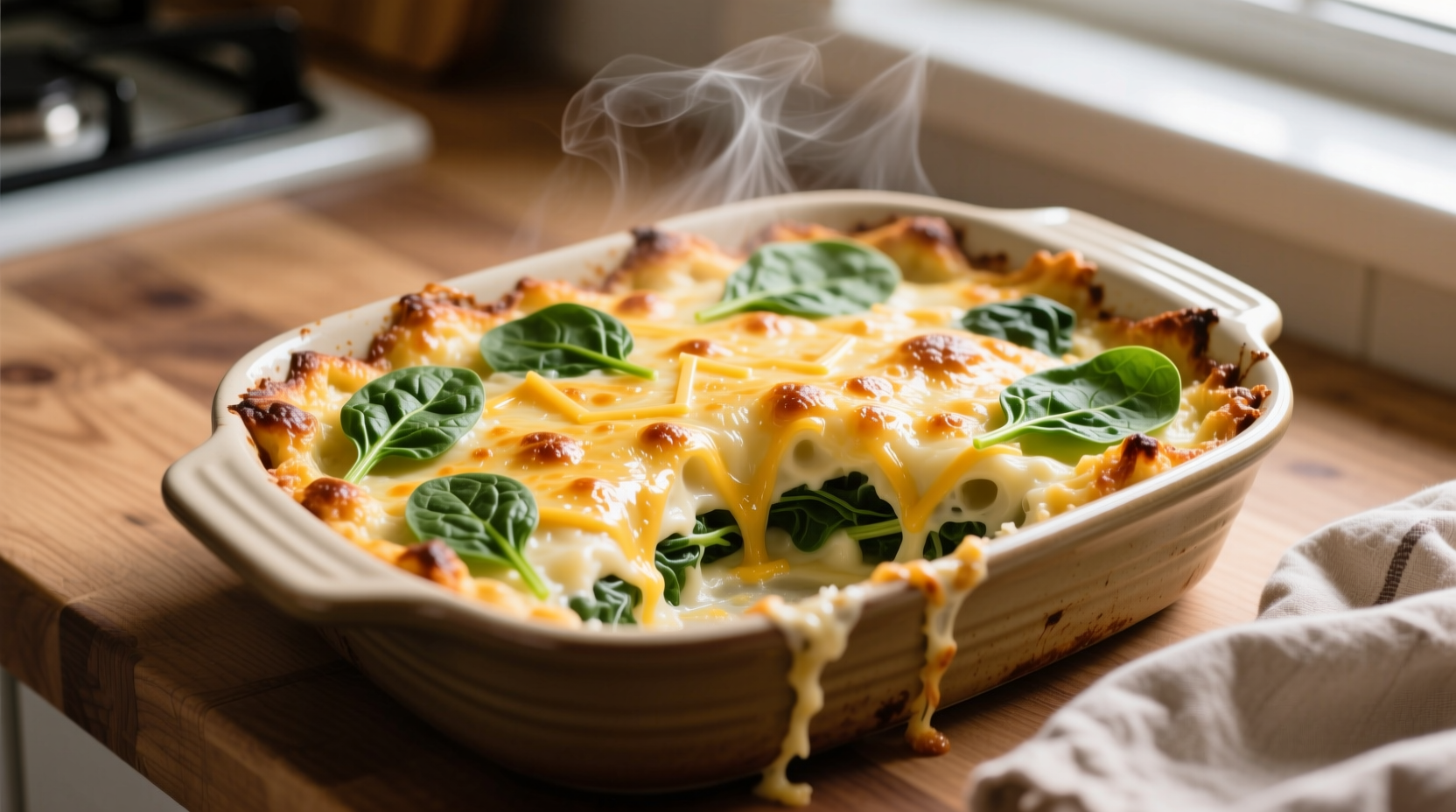 Golden spinach and cheese casserole fresh from oven