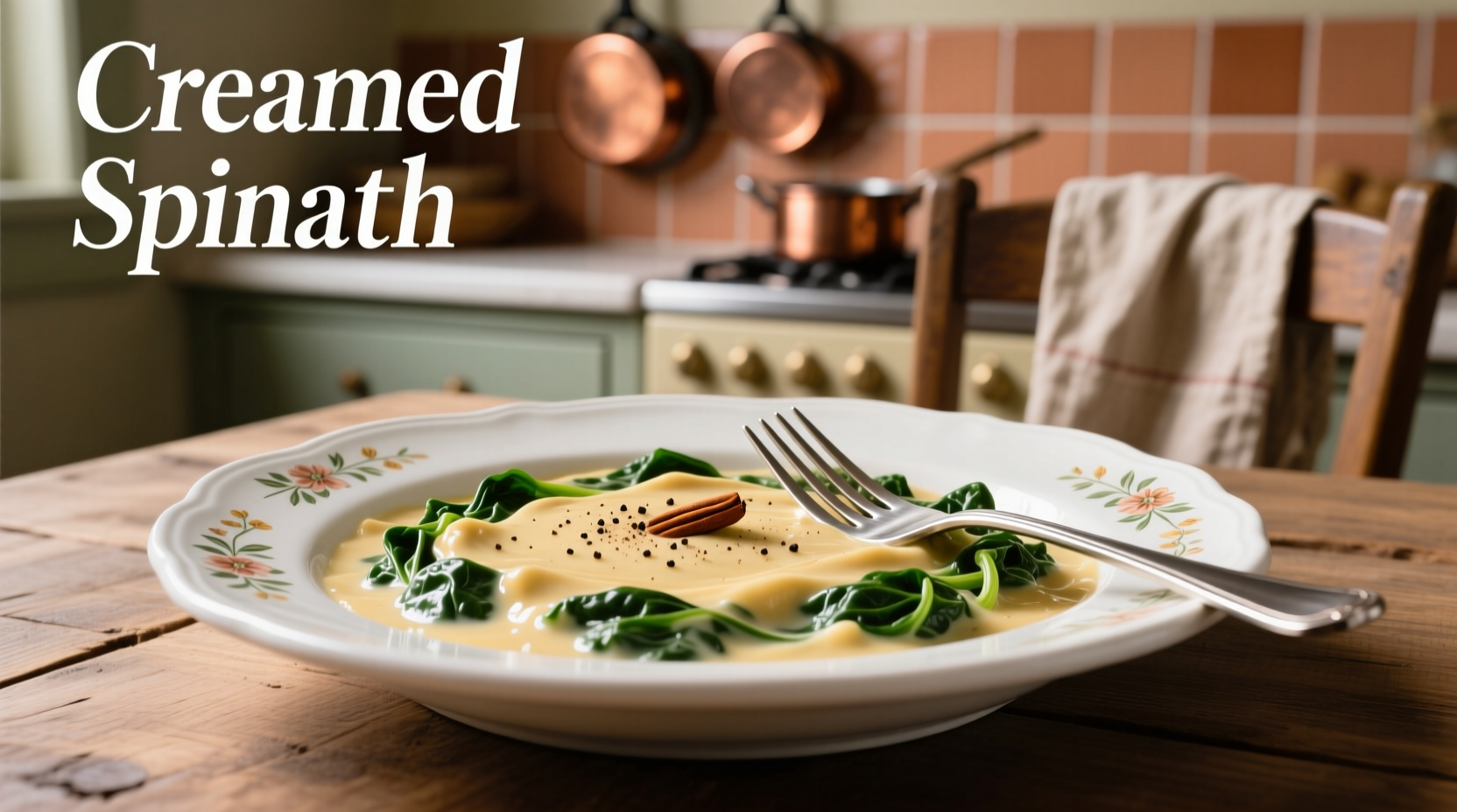 Creamed spinach in white ceramic dish with fork