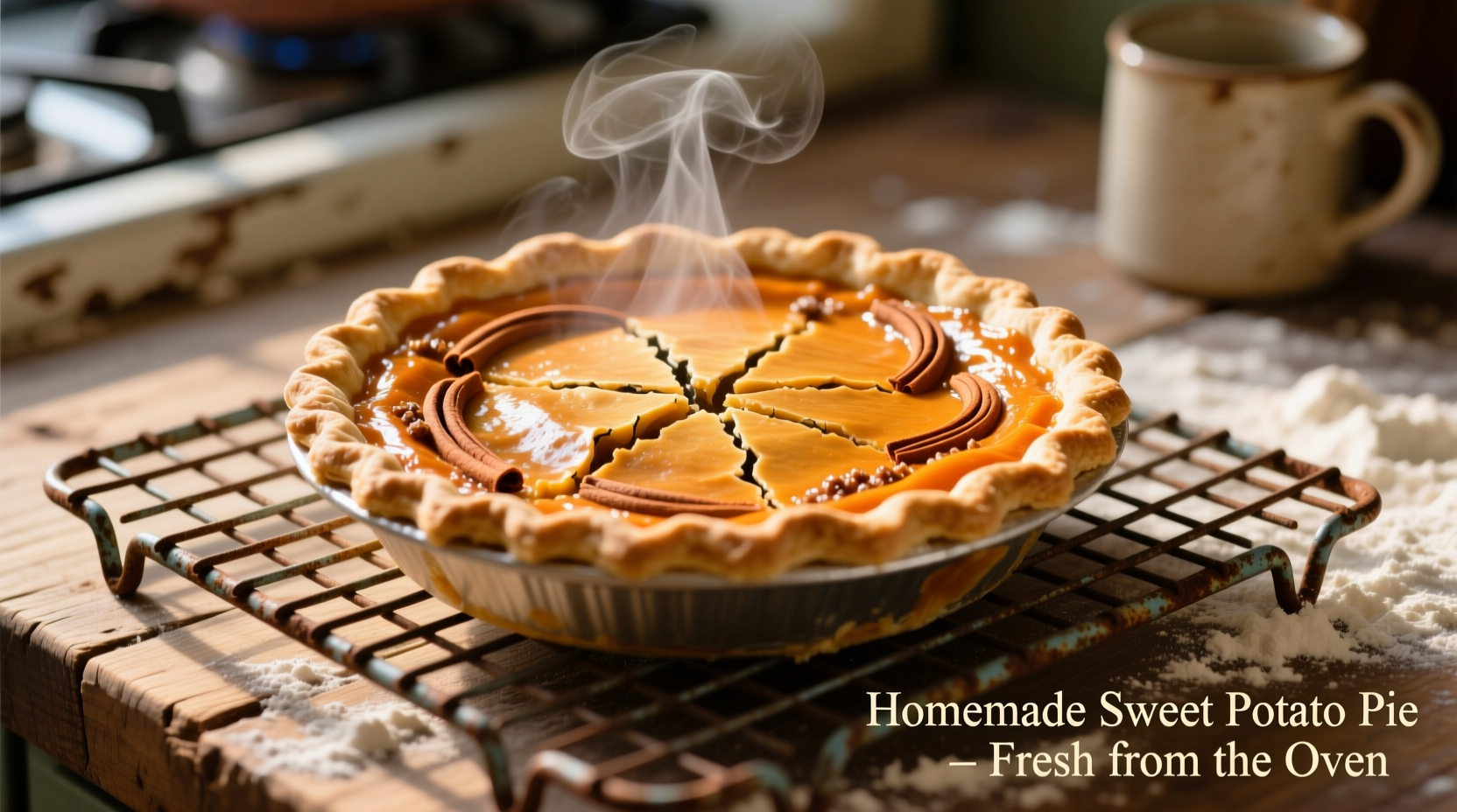 Freshly baked sweet potato pie cooling on wire rack