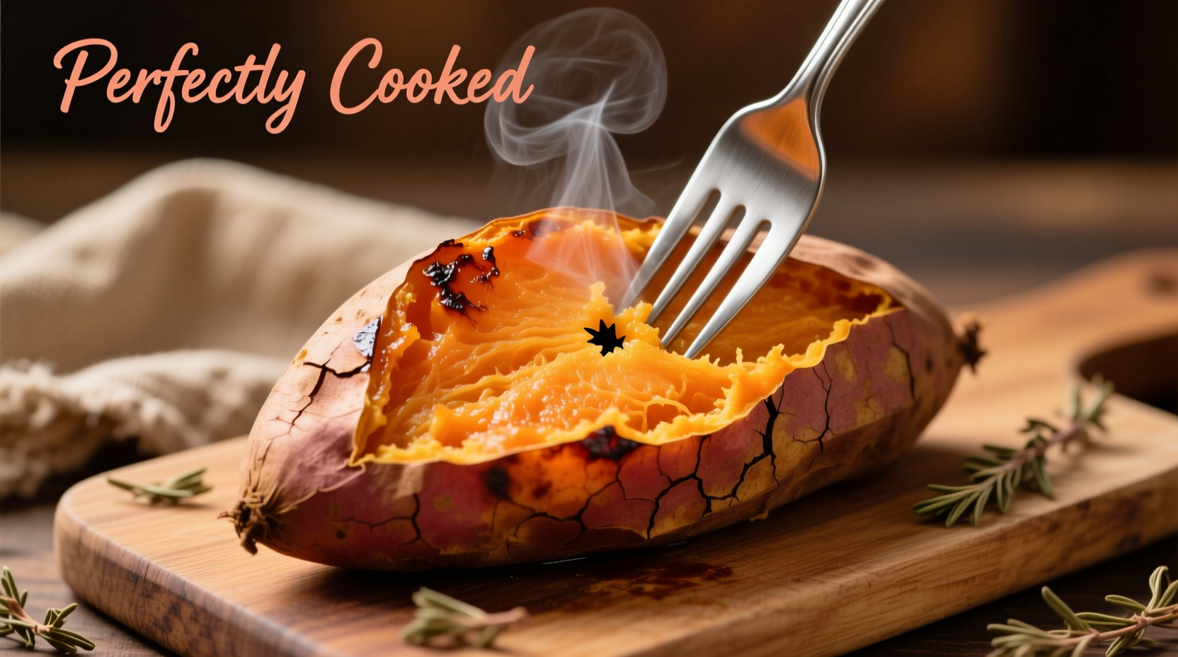 Perfectly cooked sweet potato with fork test showing tender interior