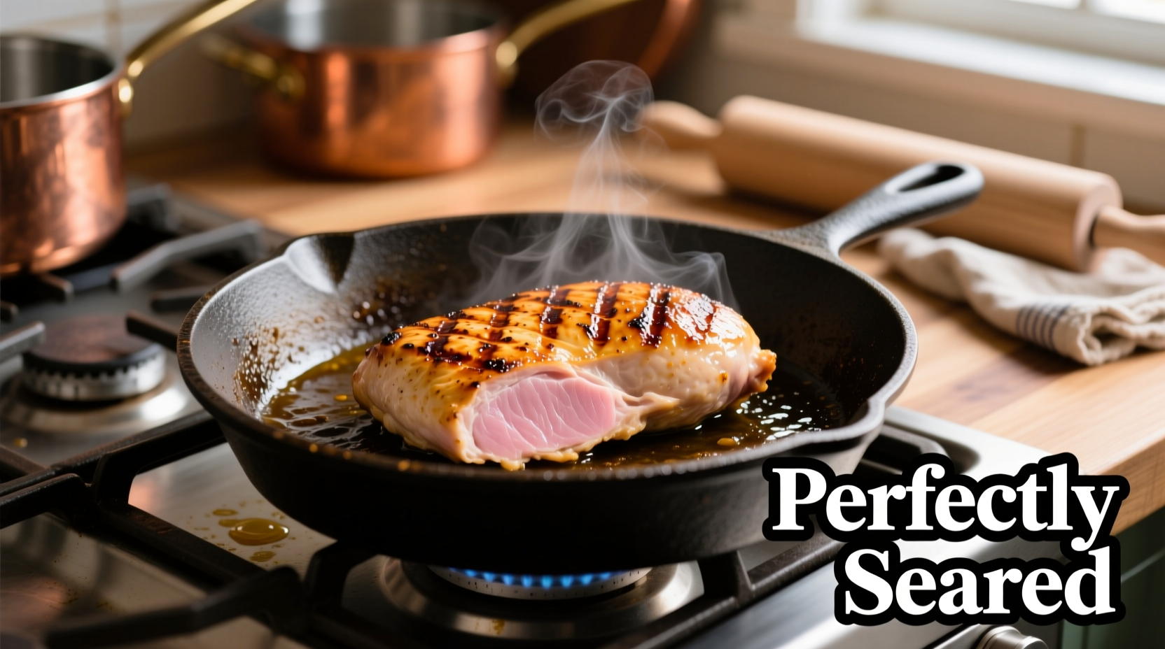 Perfectly seared chicken breast on stovetop skillet