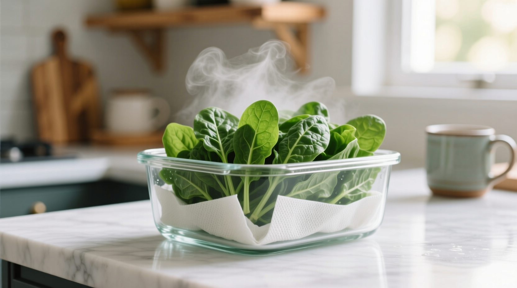 Fresh spinach stored properly in glass container with paper towel