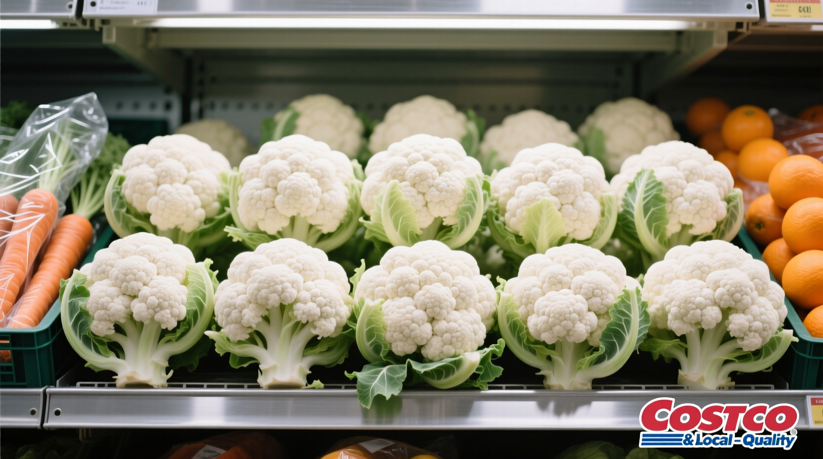 Fresh cauliflower heads displayed at Costco produce section