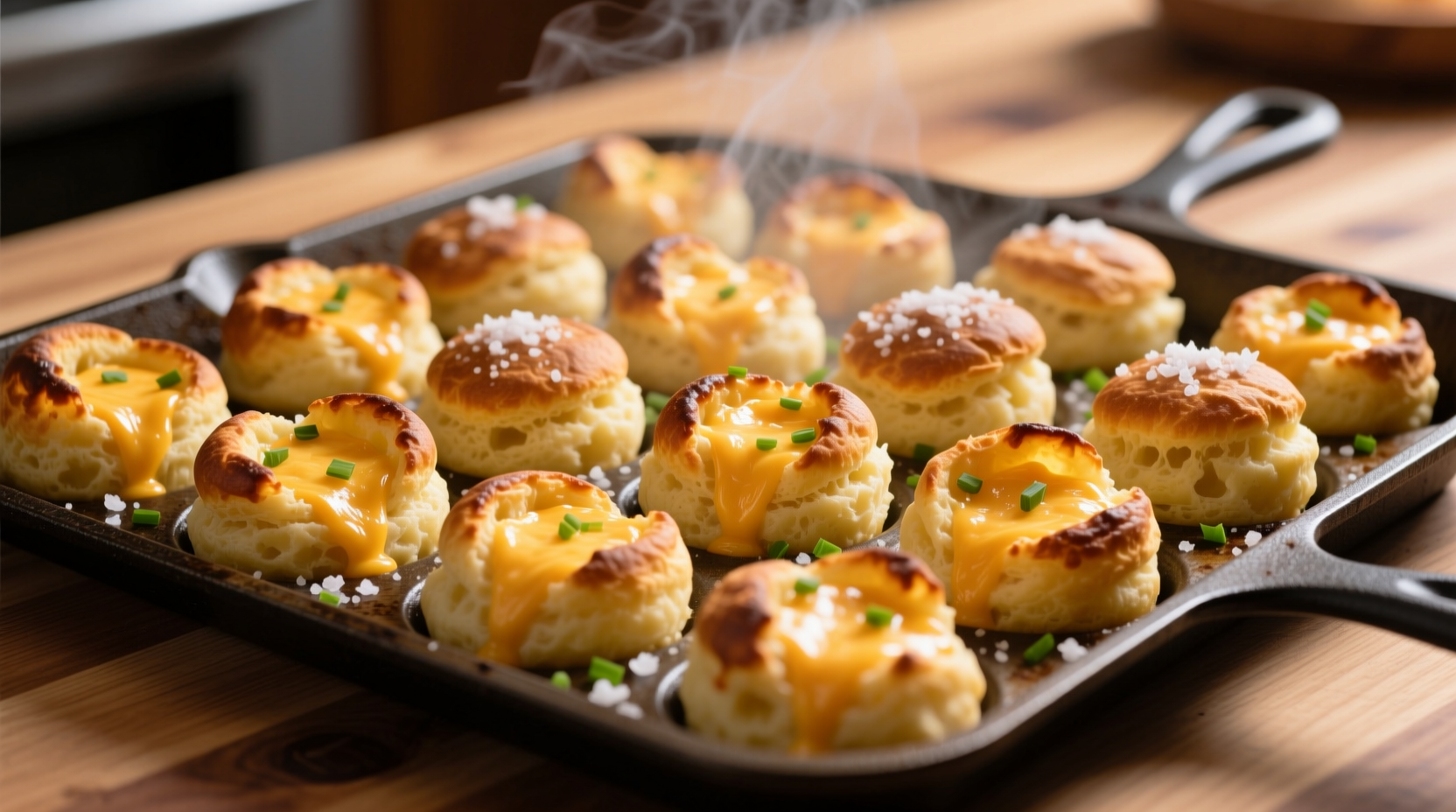 Golden cheesy mashed potato puffs on baking sheet