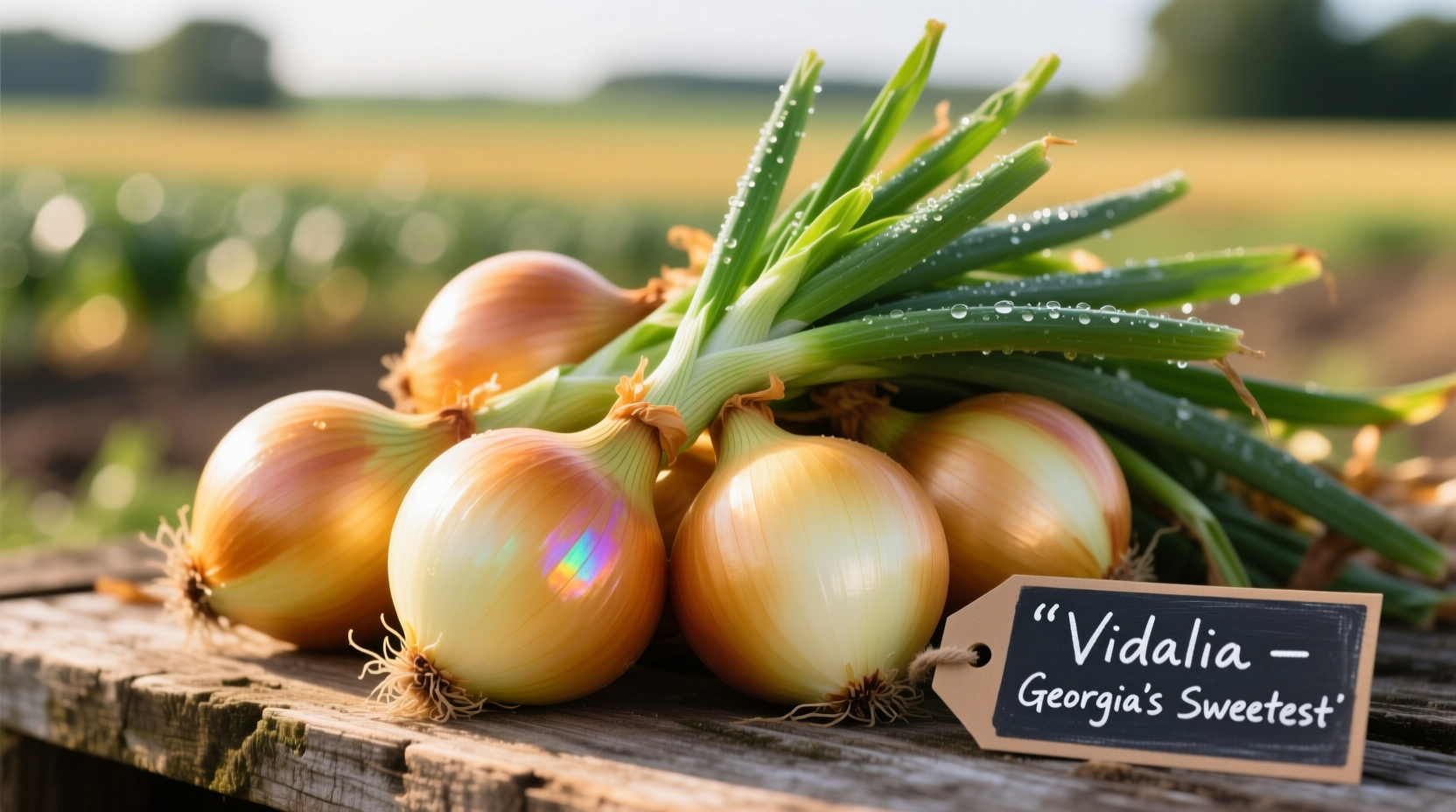 Fresh Vidalia onions with golden skin and green tops