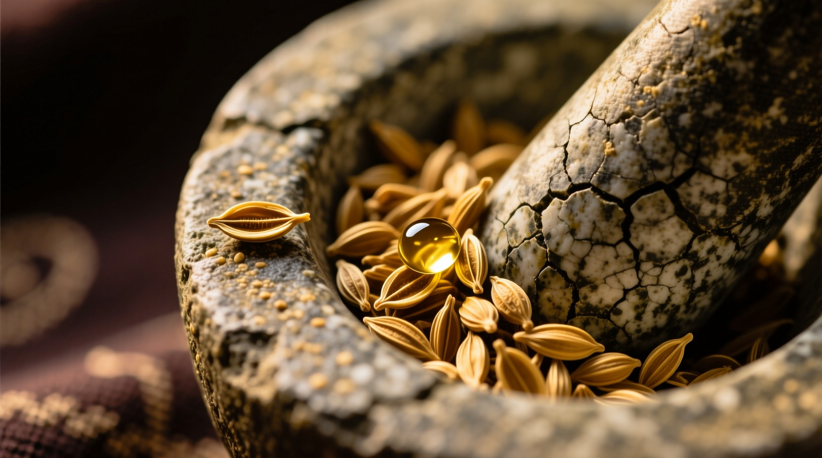 Close-up of golden fenugreek seeds in mortar