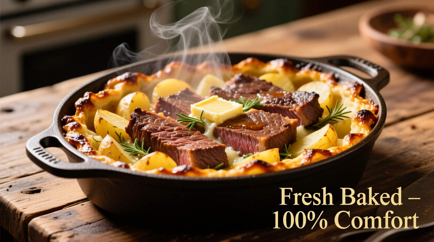 Golden-brown steak and potato casserole fresh from oven