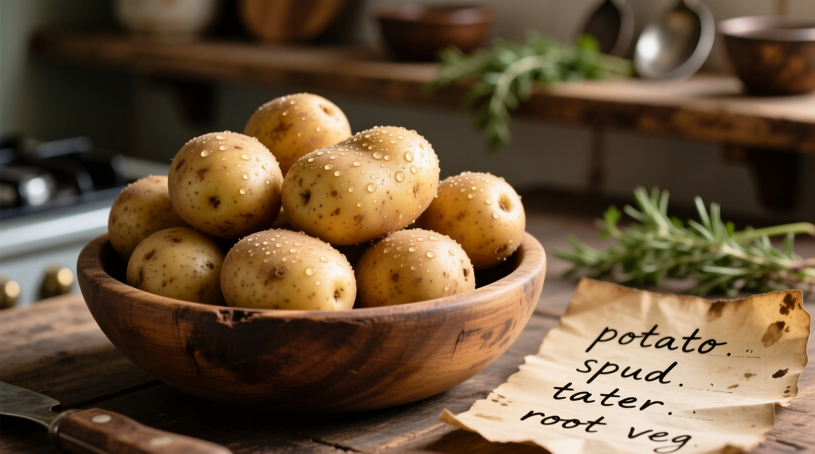Fresh potatoes in wooden bowl with spelling examples