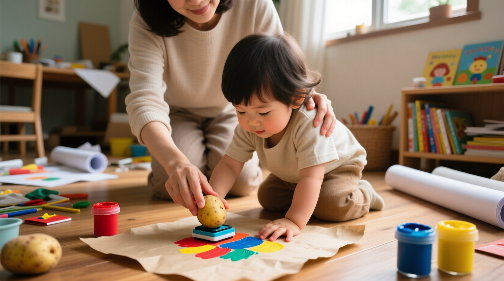 Child safely using potato stamp on paper with adult supervision