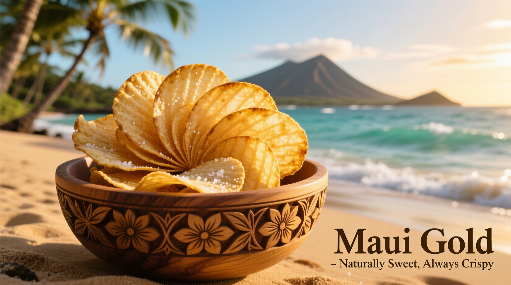 Golden Maui onion chips in a traditional Hawaiian bowl