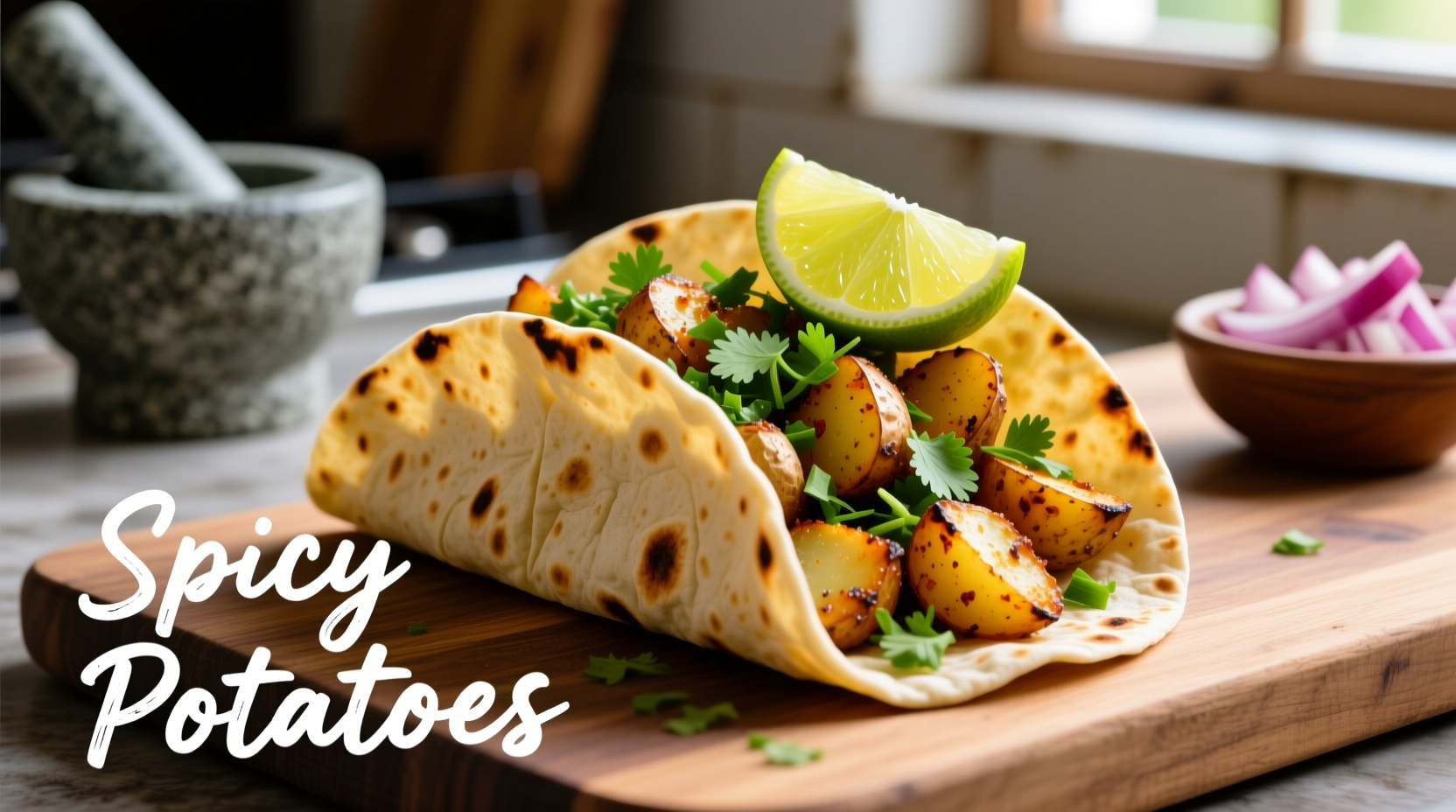 Spicy potato soft taco with fresh cilantro and lime