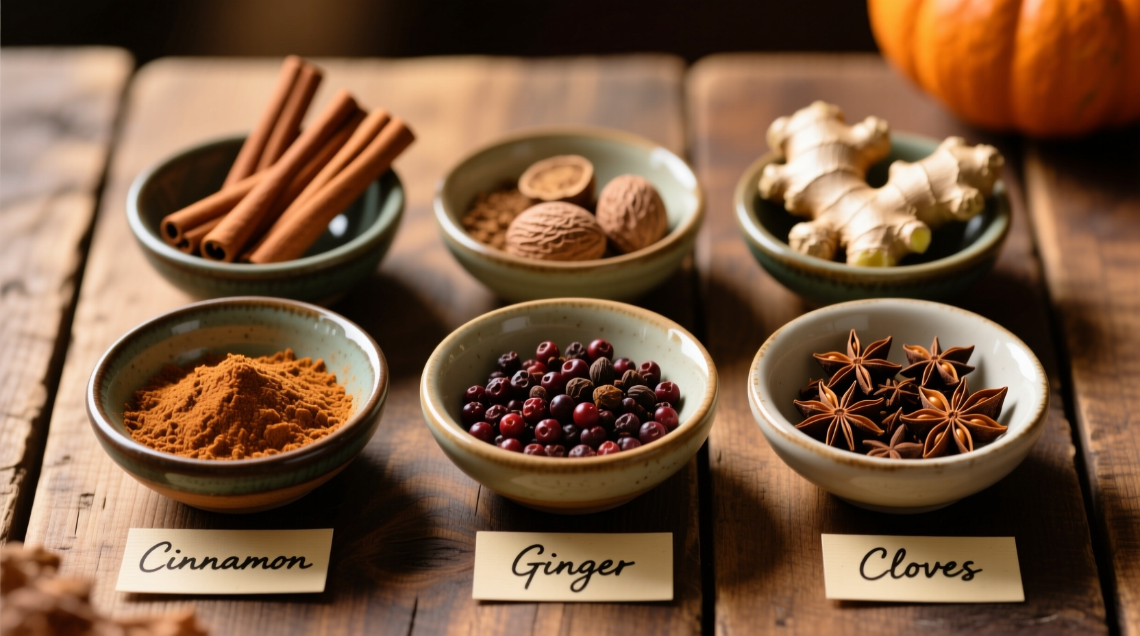 Five spices in small bowls showing pumpkin spice components