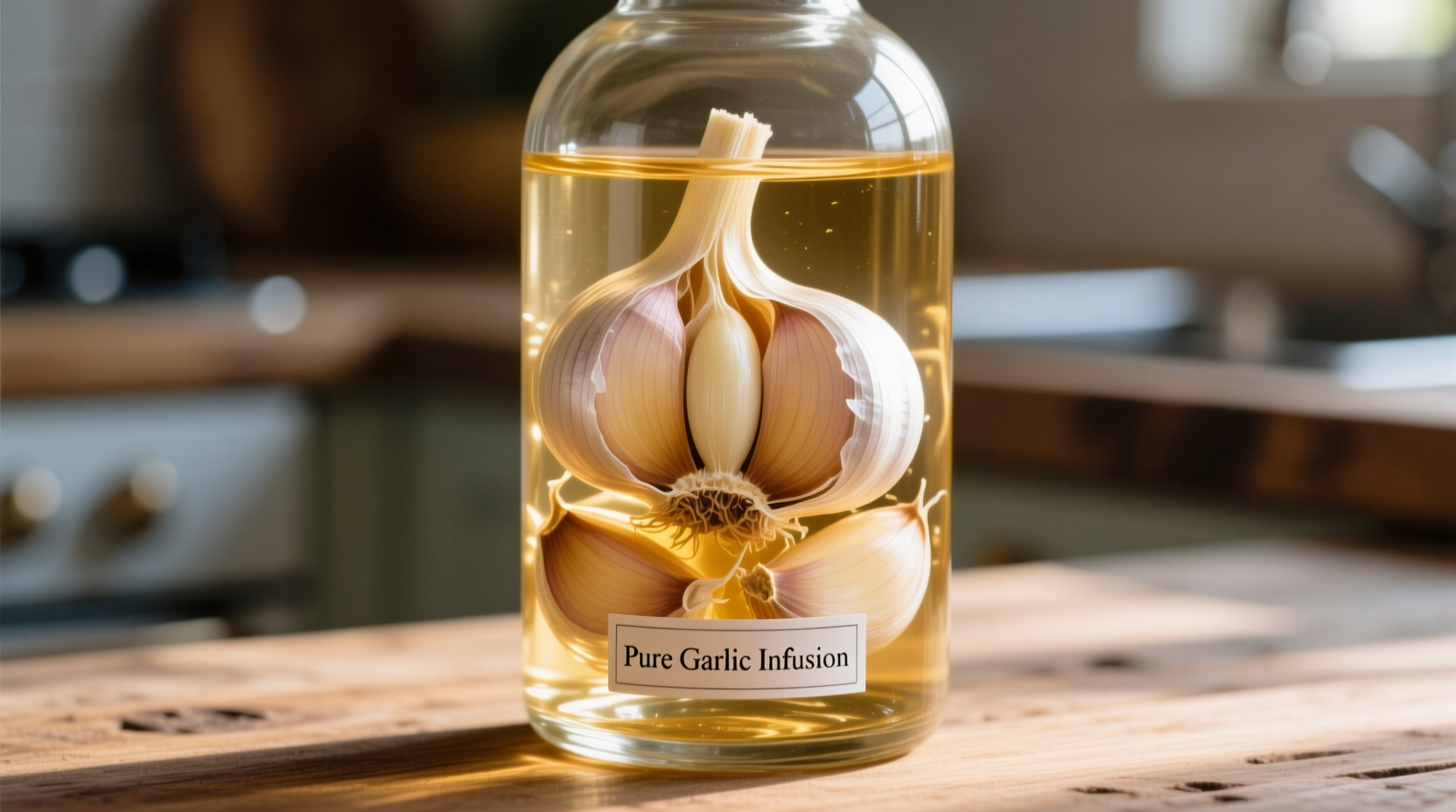 Liquid garlic in glass bottle with fresh garlic cloves