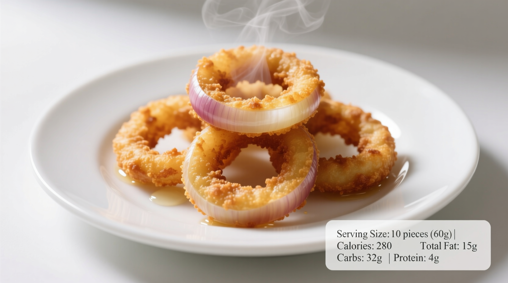 Golden brown onion rings on a white plate with nutritional information