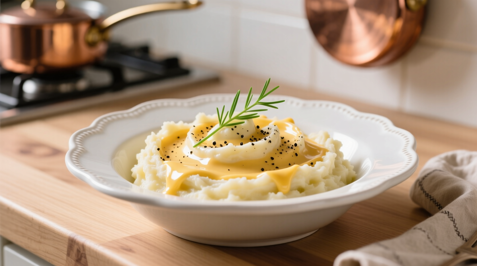 Creamy mashed potatoes with cream cheese in white bowl