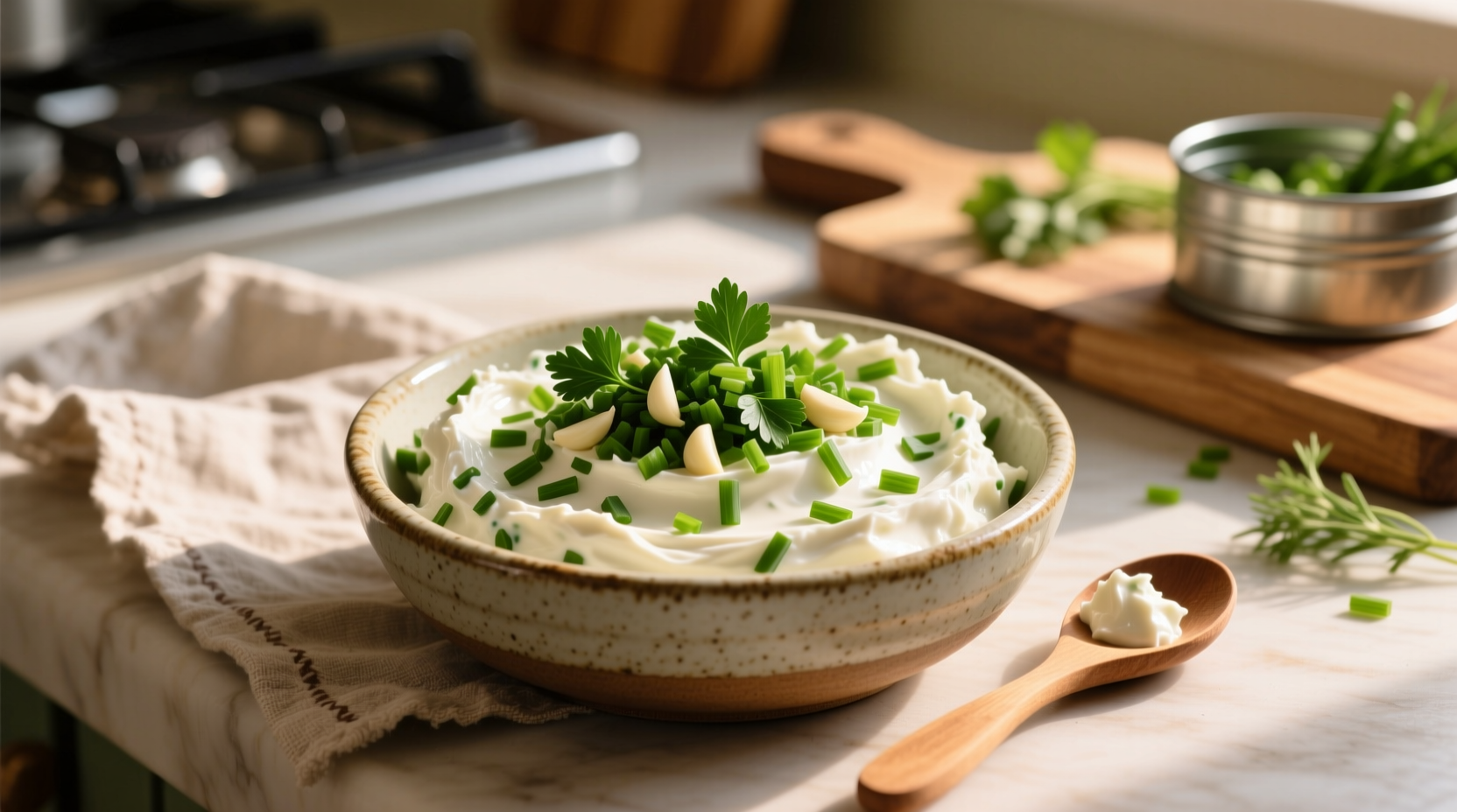 Homemade garlic herb cream cheese in bowl with herbs
