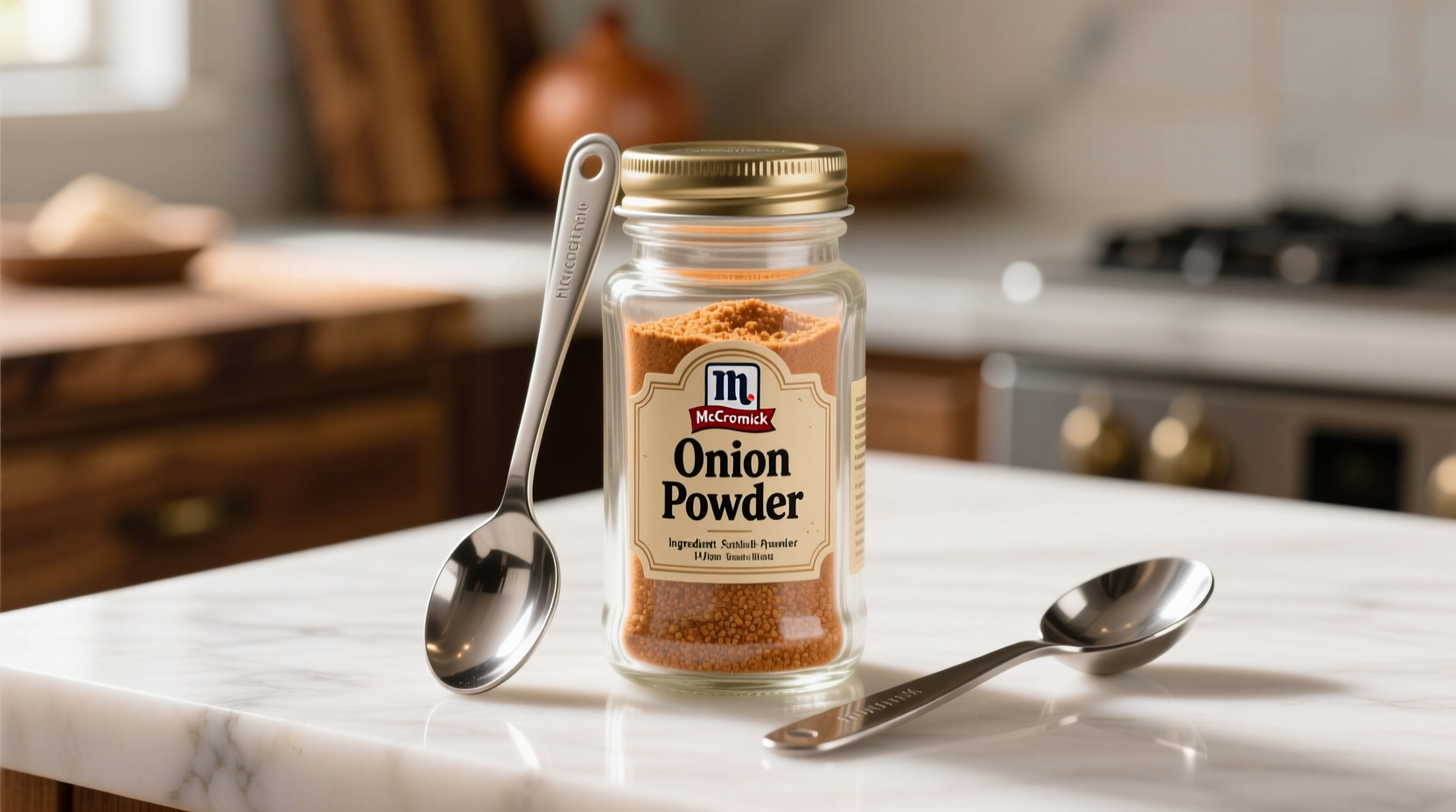 McCormick onion powder in glass jar with measuring spoons