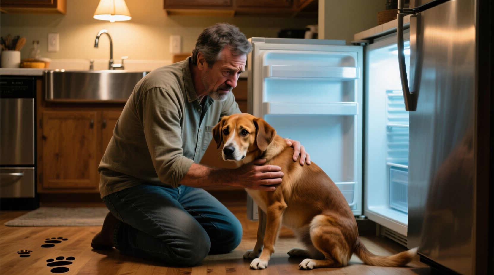 Dog owner checking concerned pet near kitchen