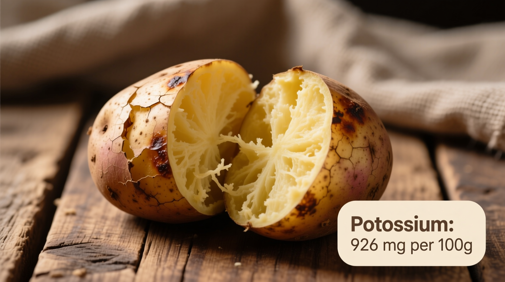 Baked potato with skin showing potassium content