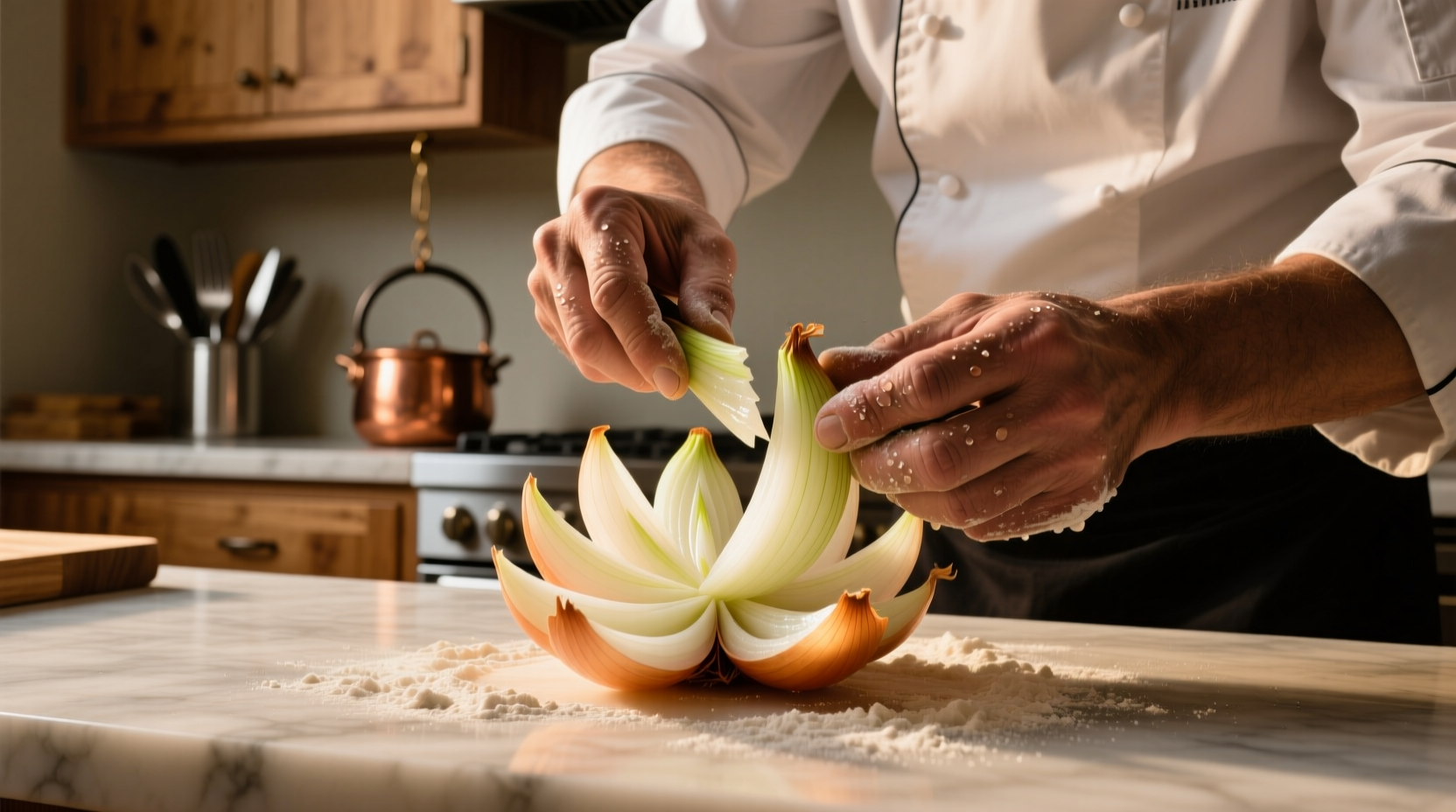 Chef separating onion layers for culinary presentation