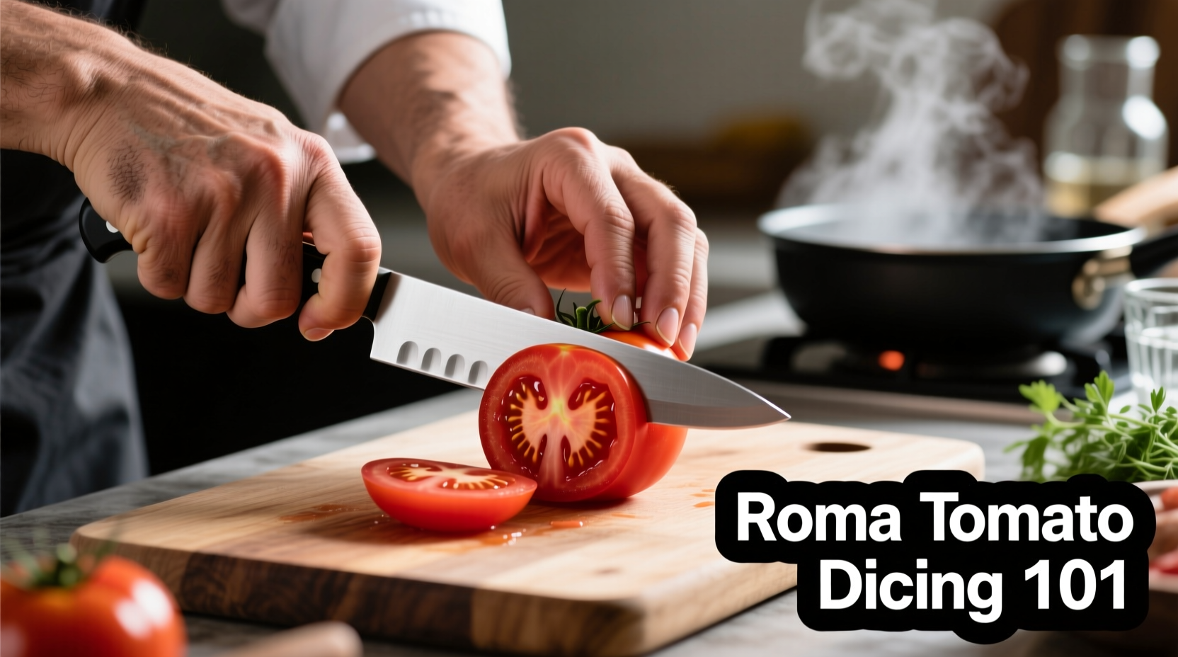 Chef's hands demonstrating Roma tomato dicing technique