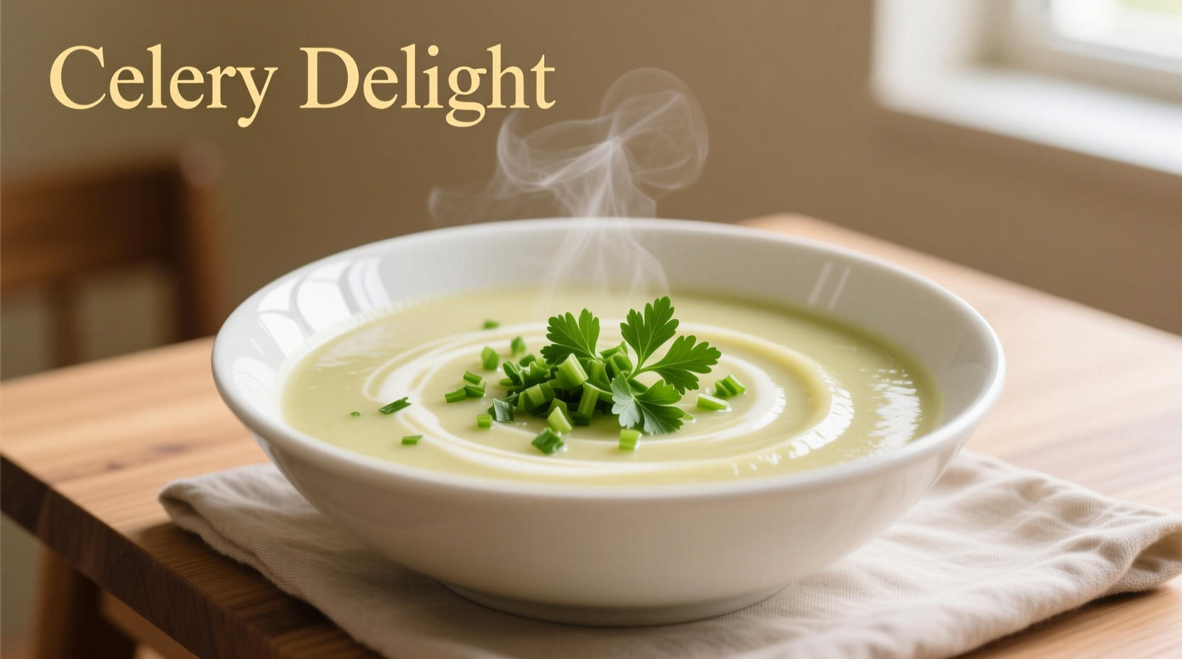 Creamy celery soup in white bowl with fresh parsley