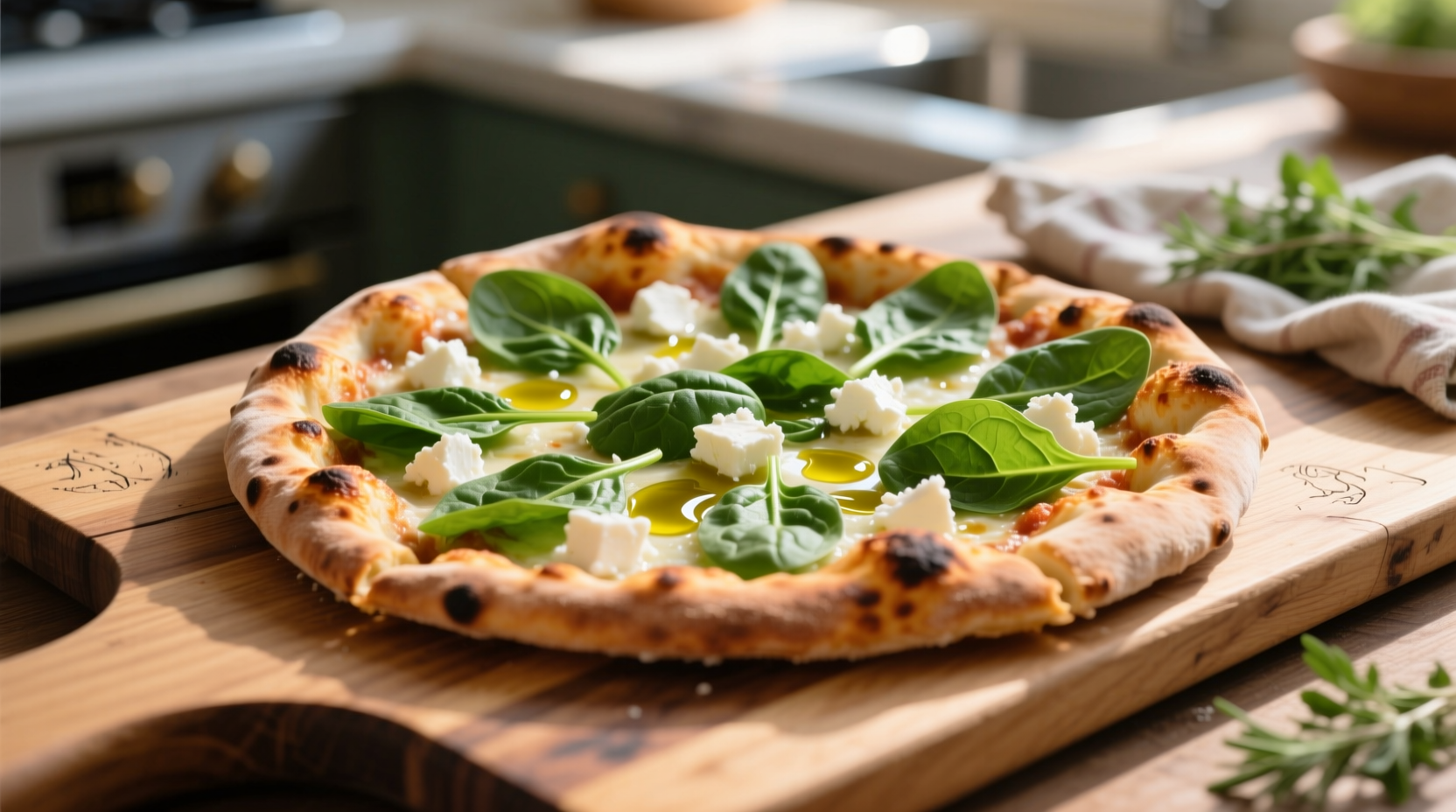Fresh spinach and feta pizza on wooden board
