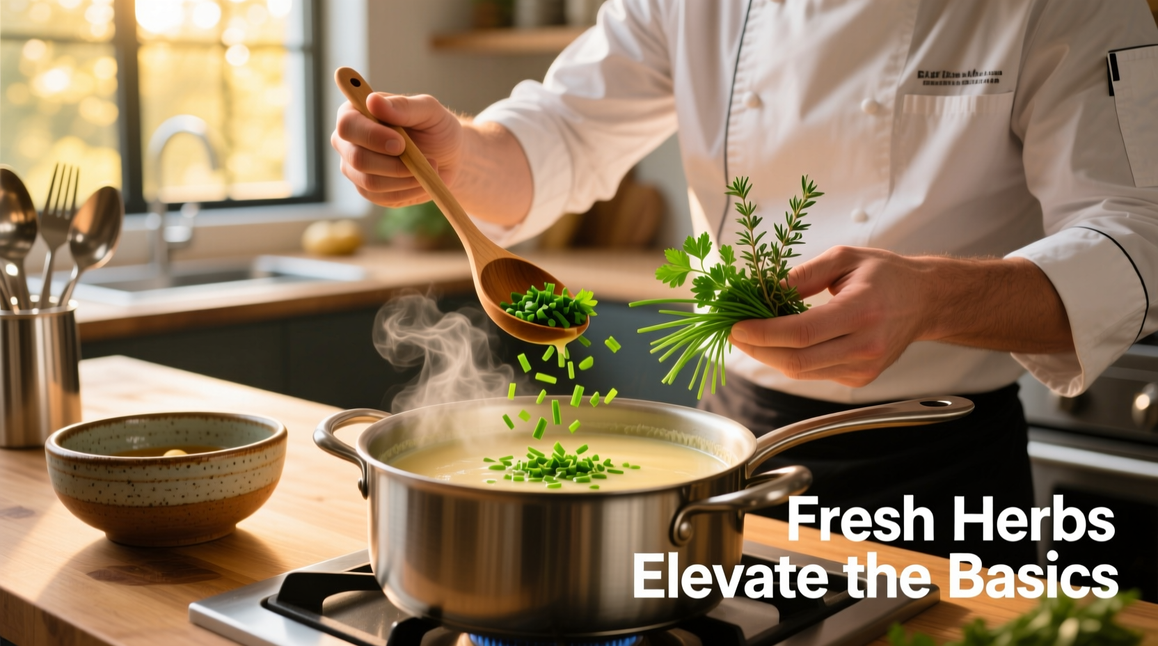 Chef enhancing canned potato soup with fresh herbs