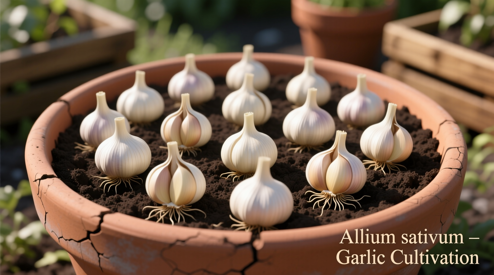garlic cloves planted in container with proper spacing