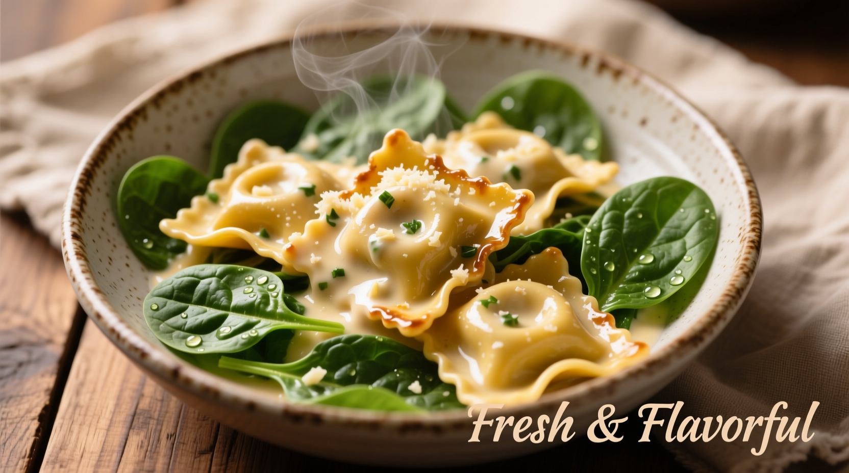 Cheese tortellini and fresh spinach in creamy garlic sauce