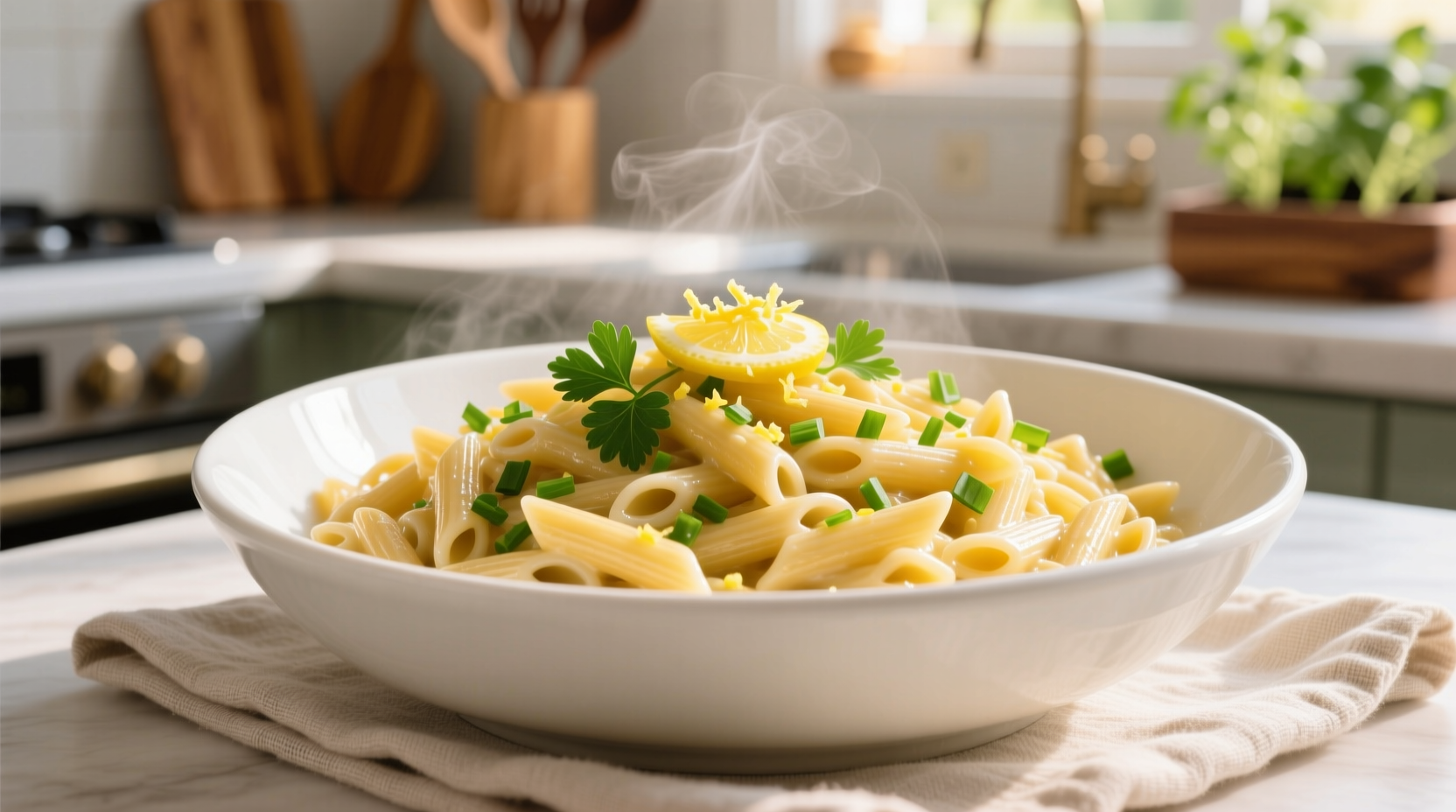 Creamy lemon garlic orzo in white bowl with fresh herbs