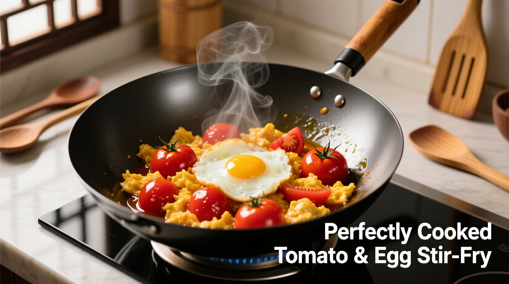 Perfectly cooked tomato and egg stir-fry in wok